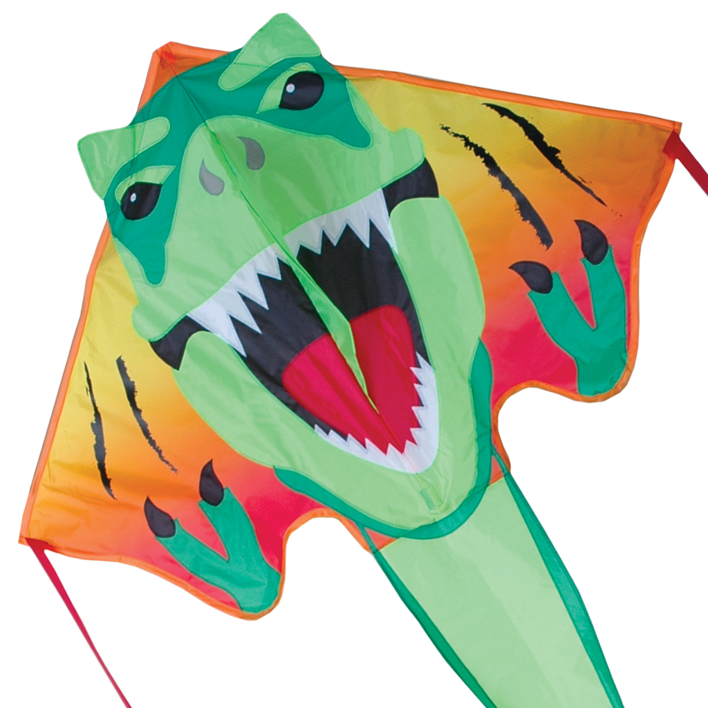 46" Easy Flyer Kite | T-Rex with vibrant dinosaur design, nylon fabric, fiberglass frame, and easy assembly for hassle-free flying fun.