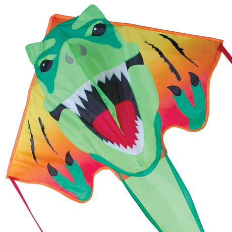 46" Easy Flyer Kite | T-Rex with vibrant dinosaur design, nylon fabric, fiberglass frame, and easy assembly for hassle-free flying fun.