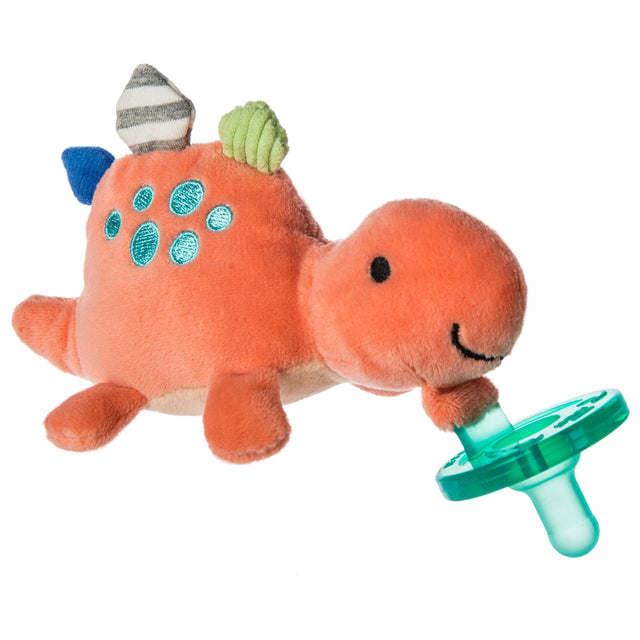 Pebblesaurus Wubbanub plush dinosaur with attached green Soothie pacifier, soft and safe for newborns through 6 months.