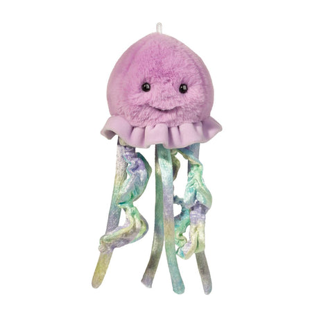 Jellyfish Wiggles plush toy with pastel watercolor tentacles and a soft lilac ruffled hood, designed for kids 24 months and up.