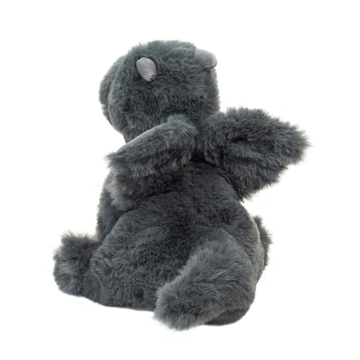 Dragon Sootie plush baby dragon in soft dark cinder color with velvet-textured wings and horns, 6 inches tall.