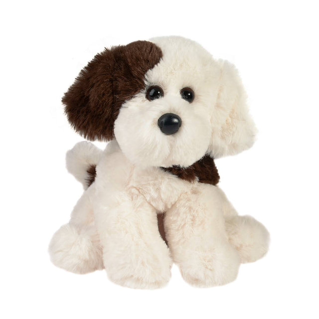 Puppy Donnie plush toy with cream and chocolate brown spots, soft and cuddly with warm amber eyes and floppy body.