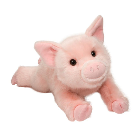 Pig Charlize plush toy in soft pink with luxury fur, floppy body, large ears, curly tail, and playful dark eyes.