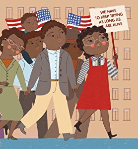 Illustration from Little People, Big Dreams: Rosa Parks showing Rosa leading a civil rights protest march with American flags.