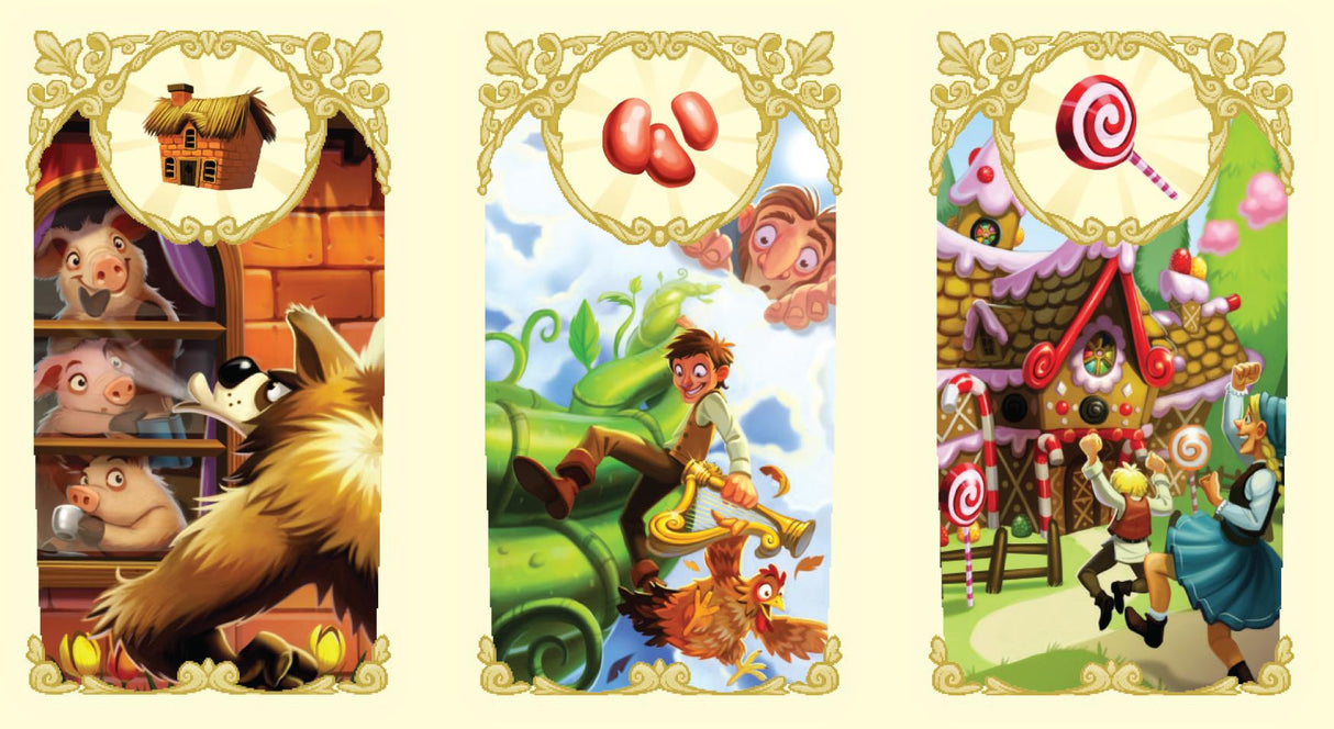 Enchanted Forest game cards featuring fairy tale treasures like the gingerbread house, magic beans, and candy cottage.