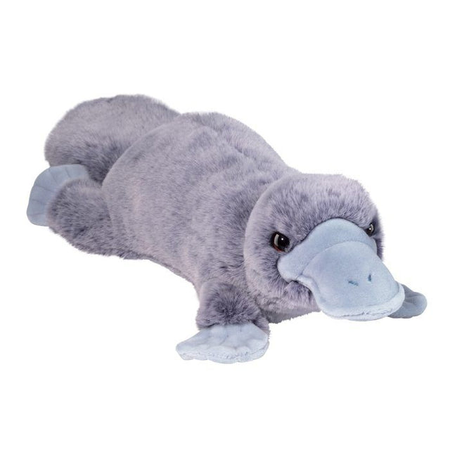 Platypus Allie plush toy with soft lavender fur, velvety blue beak and flippers, and realistic amber eyes for cuddling.