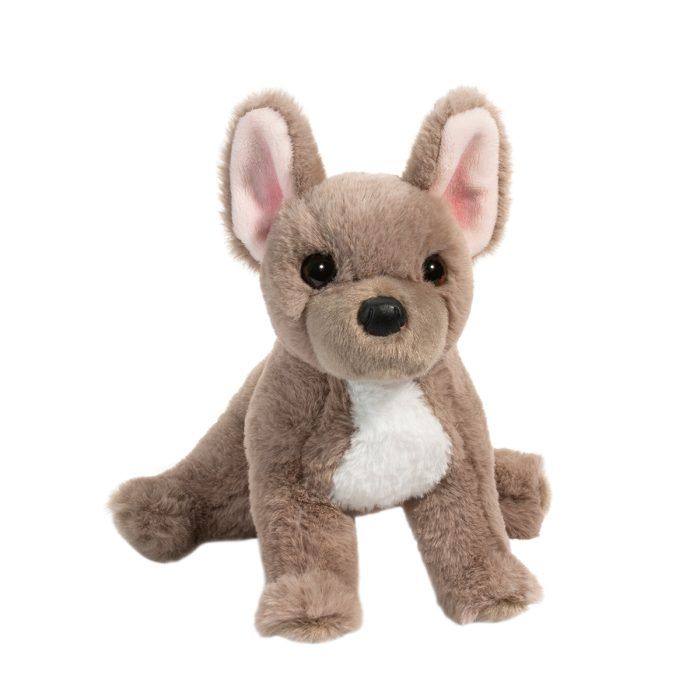 French Bulldog Gabbie plush with bright eyes, oversized ears, lilac coat, white chest, and soft floppy body sitting pose.