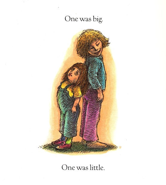 Illustration from Sisters showing a big sister and a little sister standing back to back, highlighting their differences.