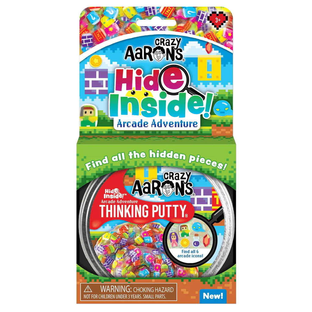 Hide Inside! Arcade Adventure Thinking Putty with colorful arcade pieces in a tin for sensory play and discovery.