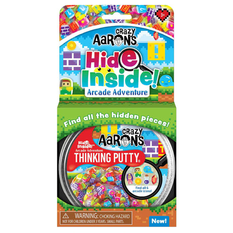 Hide Inside! Arcade Adventure Thinking Putty with colorful arcade pieces in a tin for sensory play and discovery.