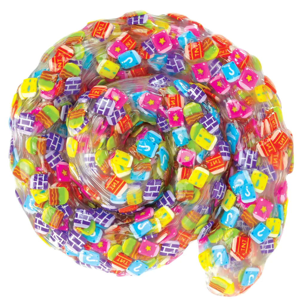 Clear putty with colorful arcade-shaped pieces in a swirl, Hide Inside! Arcade Adventure Thinking Putty product.