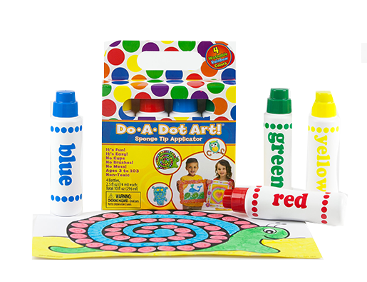 Do A Dot Art! Markers 4 pack with red, blue, green, and yellow washable dot markers for kids' art projects.