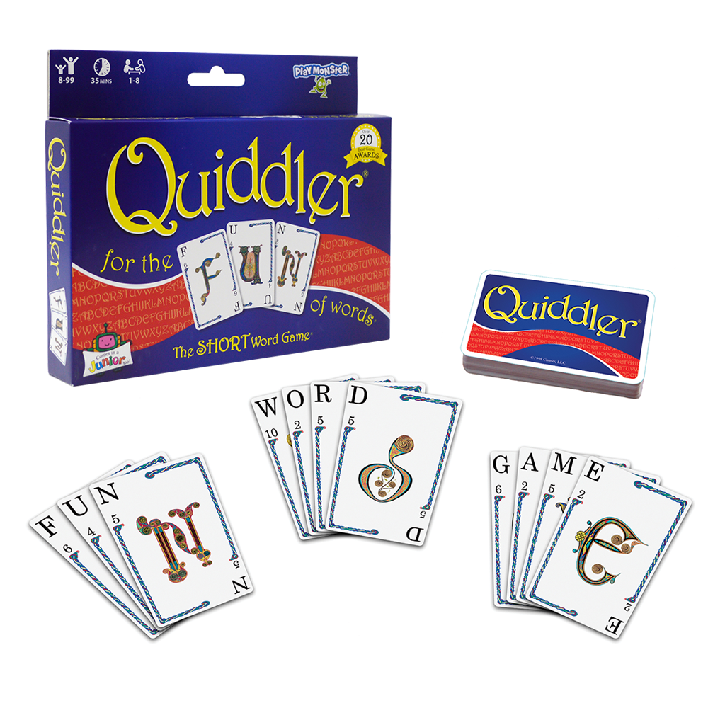Quiddler card game box and cards spelling FUN, WORD, and GAME, an award-winning word game for 1-8 players.