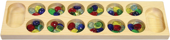 Mancala wooden board game with colorful stones, handcrafted from sustainably harvested pine, 60 stones included.