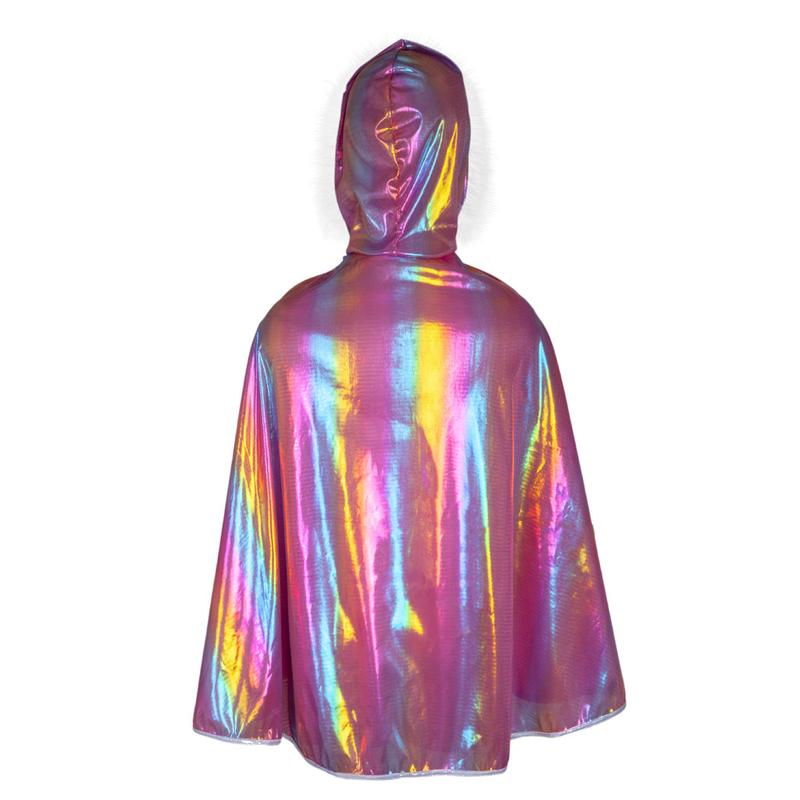 Rainbow Princess Cape shimmering with vibrant rainbow hues, soft fabric, and hood with feathery trim, size 5-6.