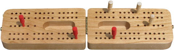 Cribbage Folding board with two rows of holes, red and white pegs, made of cherry wood with brass hinges and latch.