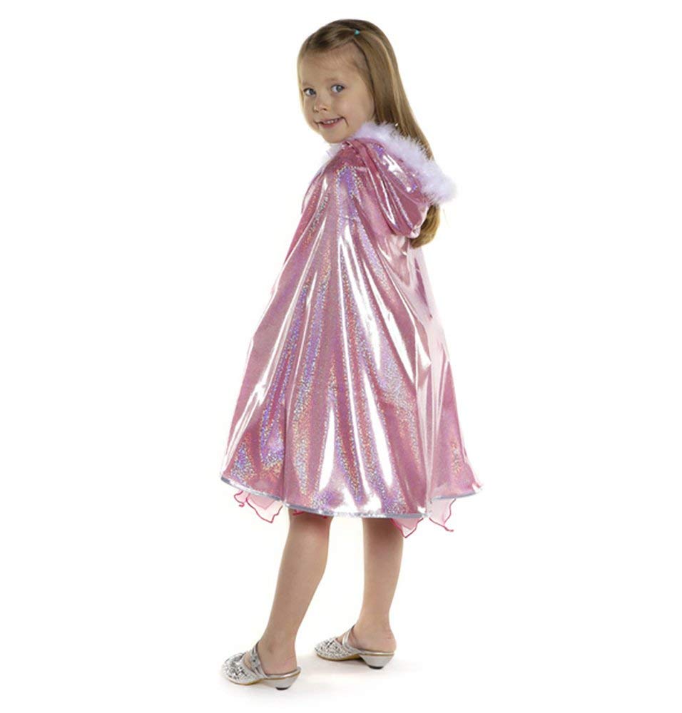Young girl wearing a sparkling pink hooded Glitter Princess Cape trimmed with white marabou and a satin bow closure.