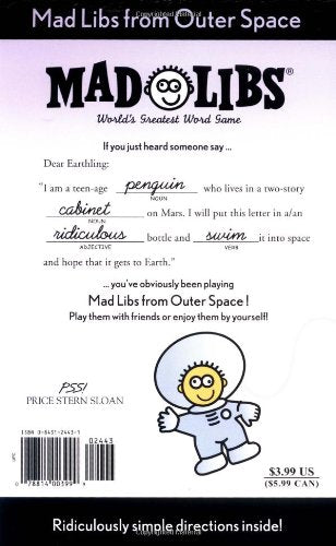 Mad Libs from Outer Space game featuring silly space-themed fill-in-the-blank word stories with fun directions.