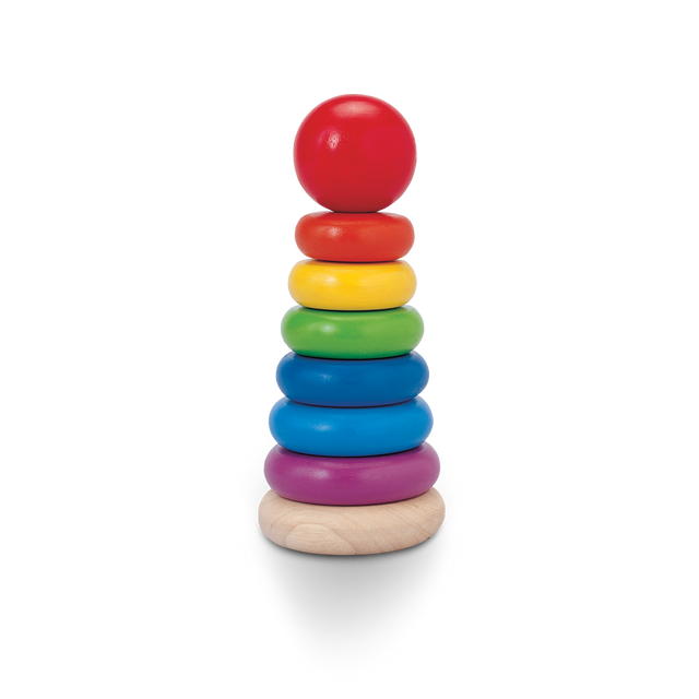 Stacking Ring with six colorful graduated rings on a wooden base, designed for educational play and skill development.