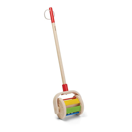 Walk n Roll Push Toy wooden push toy with colorful rolling drum and handle for early walking and motor skills development.