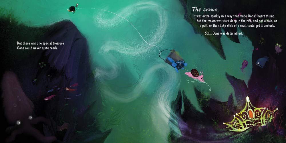 Oona picture book scene showing underwater treasure hunt with a crown near a deep, dark underwater rift.