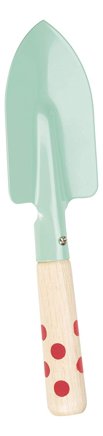 Garden Tools Set with light blue metal trowel and wooden handle with red polka dots for young gardeners.