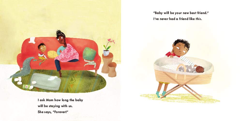 Illustration from "It's Big Brother Time" showing a big brother caring for a baby and sitting with mom on the couch.