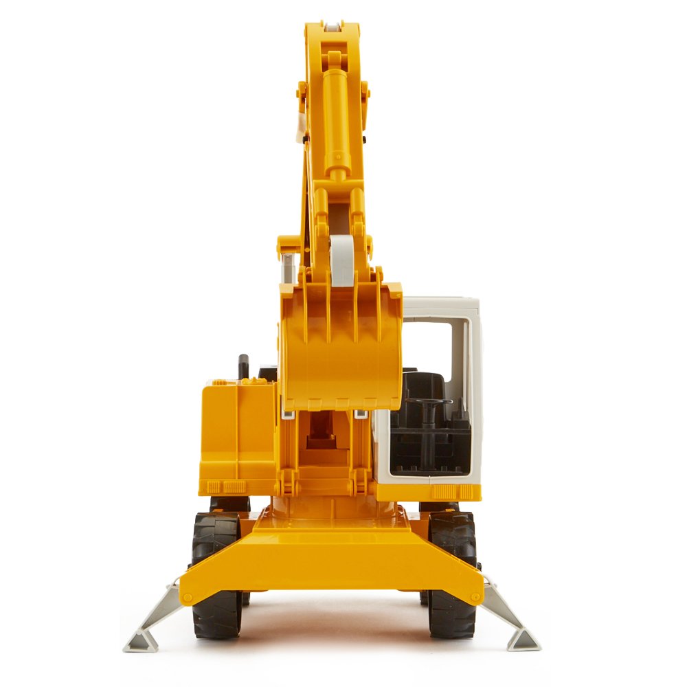 Front view of the Liebherr Power Shovel toy with fully functional arm and stabilizer legs extended.