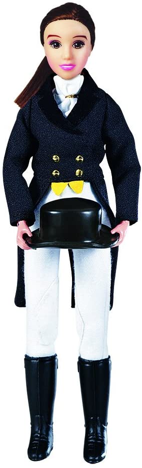 Dressage Rider doll Megan dressed in formal shadbelly, white breeches, black boots, and holding a top hat.