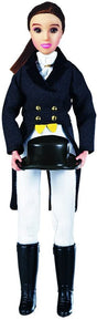 Dressage Rider doll Megan dressed in formal shadbelly, white breeches, black boots, and holding a top hat.
