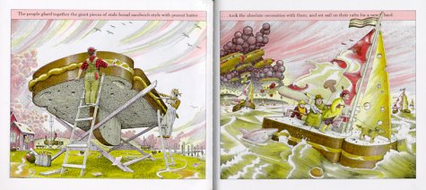 Cloudy With a Chance of Meatballs book illustration showing townspeople handling giant food during a food storm.