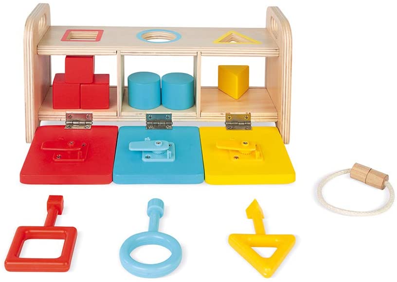 Shape Sorter Box with Keys wooden toy with colorful shapes, matching keys, and transparent compartments for blocks.