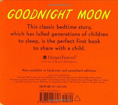 Goodnight Moon book cover with bright orange background and text describing the classic bedtime story.