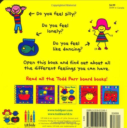 Back cover of Feelings Book by Todd Parr with colorful illustrations asking about silly, lonely, and dancing feelings.