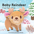 Baby Reindeer with Finger Puppet board book cover featuring a cute plush reindeer in a snowy forest setting.