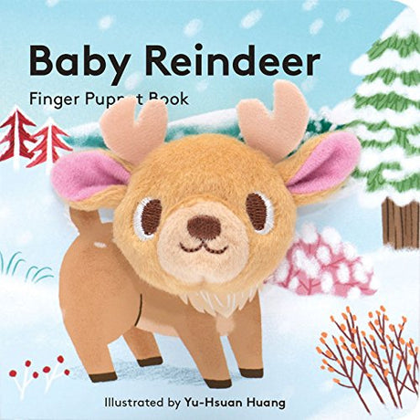 Baby Reindeer with Finger Puppet board book cover featuring a cute plush reindeer in a snowy forest setting.