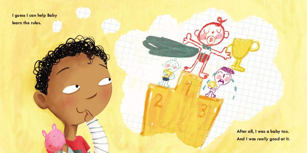 Illustration from It's Big Brother Time showing a big brother imagining teaching baby the rules of being the best baby.