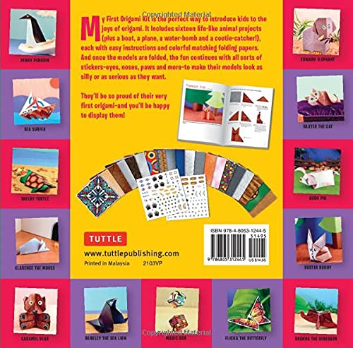 My First Origami Kit with colorful folding papers, instruction booklet, and stickers for fun paper model projects.