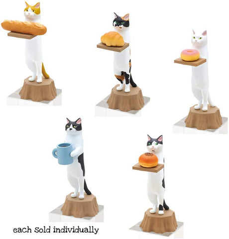 Cat Bakery Blind Box featuring bakery-themed cats holding treats like bread, donuts, and coffee on tree stump stands.