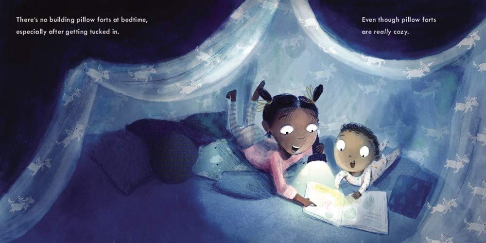 Illustration from It's Big Sister Time showing a big sister reading to baby under cozy pillow forts at bedtime.