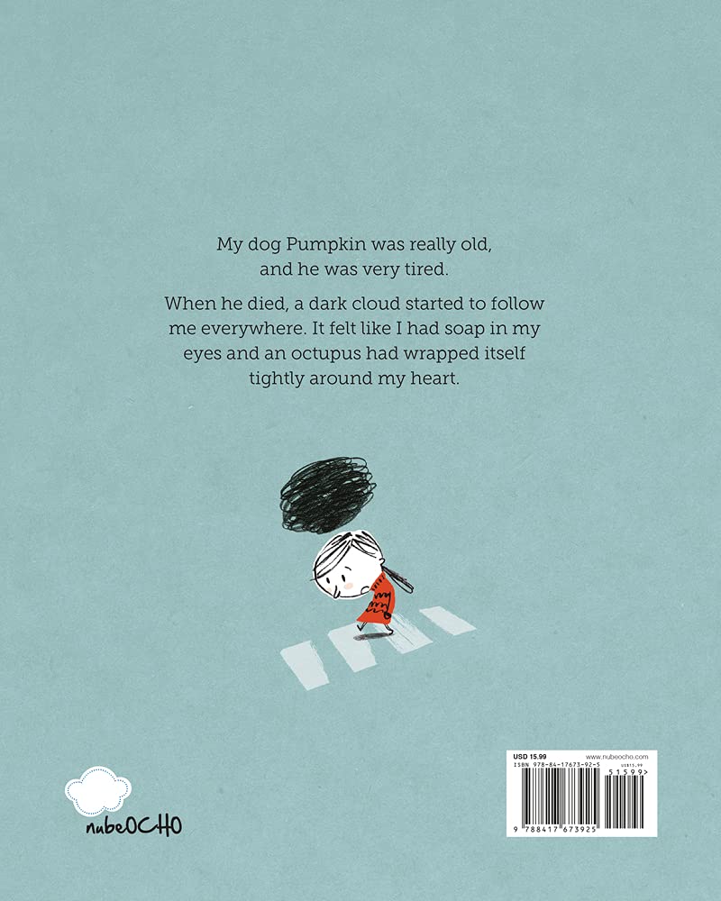 Back cover of the book Pumpkin and Me shows a sad child with a dark cloud symbolizing grief and loss.