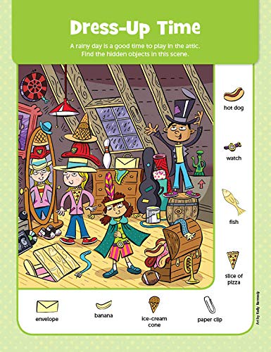 Jumbo Pad of My First Puzzles showing colorful hidden objects puzzle with kids in attic scene and labeled items to find.