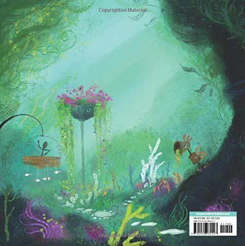 Back cover illustration of the picture book Oona showing an enchanting underwater scene with marine life and treasure.