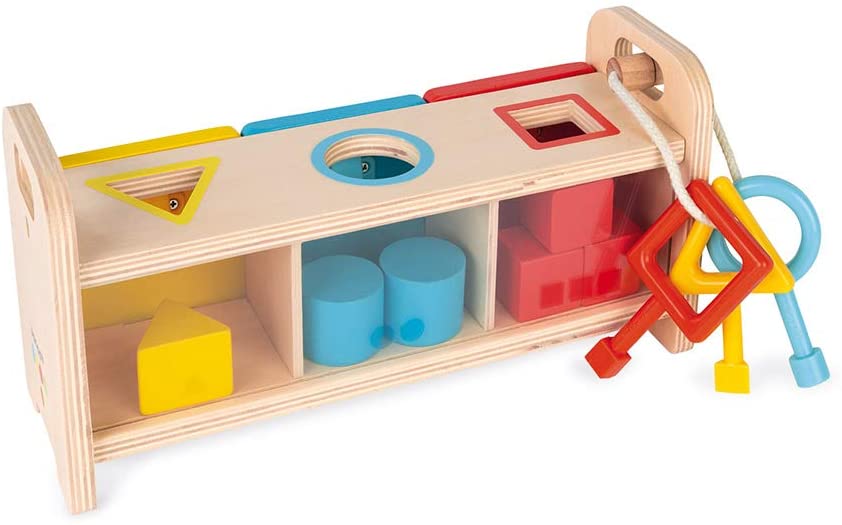 Shape Sorter Box with Keys wooden toy featuring colorful shapes, three plastic keys, and clear compartment for blocks.