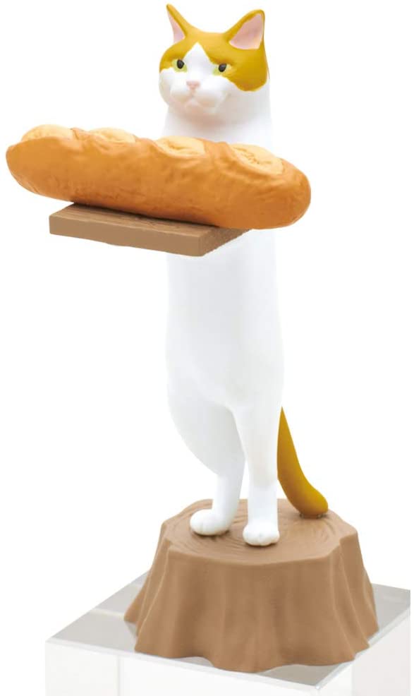 Cat Bakery Blind Box showing a cute cat figurine holding a loaf of bread, standing on a tree stump base.
