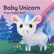 Baby Unicorn with Finger Puppet board book featuring a soft unicorn puppet and colorful illustrated fantasy scene.
