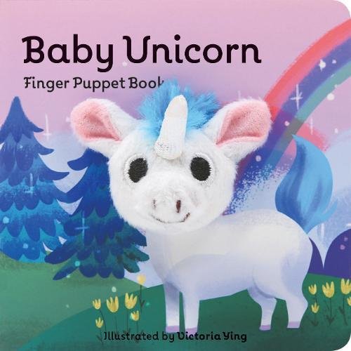 Baby Unicorn with Finger Puppet board book featuring a soft unicorn puppet and colorful illustrated fantasy scene.