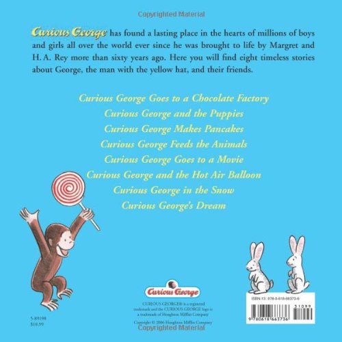 New Adventures of Curious George book cover with playful Curious George holding a lollipop and two white rabbits on blue background