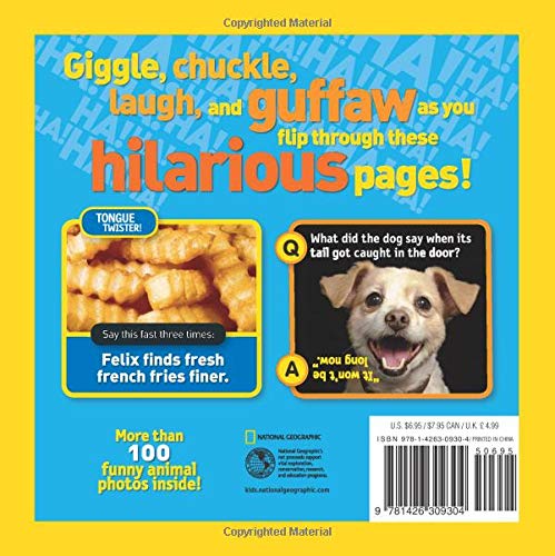 Back cover of Just Joking! showing funny jokes, animal photos, and colorful text for kids ages 7-10.