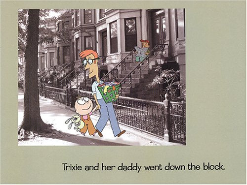 Illustration of Trixie and her daddy walking with laundry in Knuffle Bunny children's book by Mo Willems.